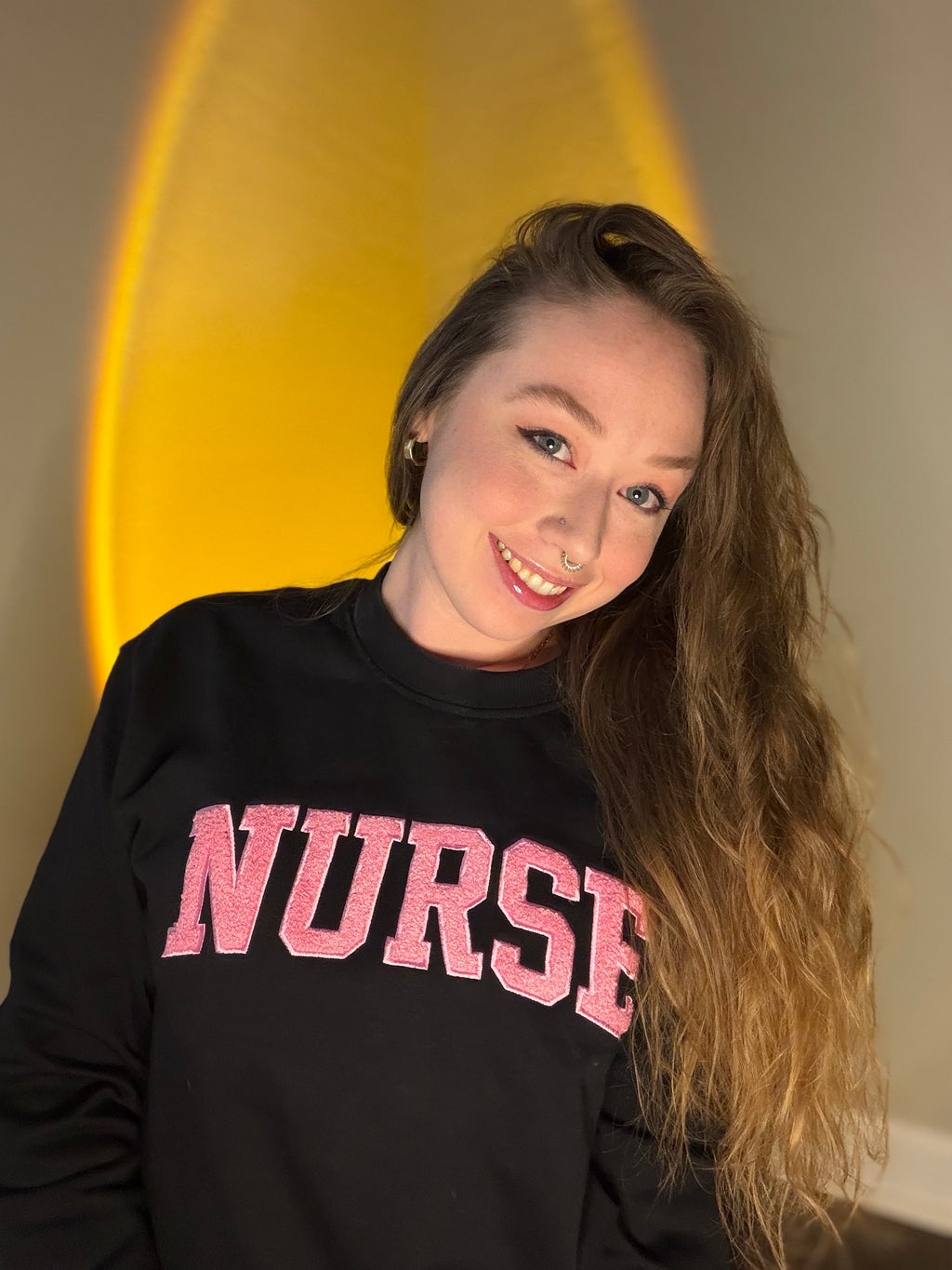 "NURSE" Crewneck in Pink Chenille Stitching